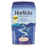 A container of Horlicks - Original Hot Malted Drink - 270g, priced at £2.99, features a countryside path illustration leading to a house with a large mug of this comforting beverage in the foreground.